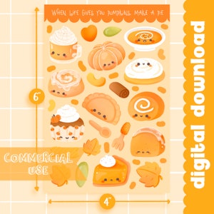 Feuille d’autocollants mignons kawaii imprimables pour desserts à la citrouille d’automne / utilisation commerciale / PNG