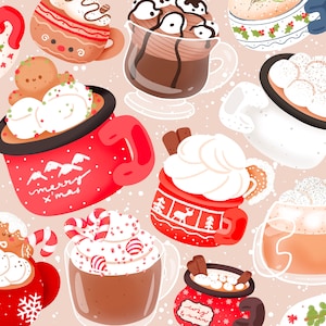 Conjunto de clipart de cacau quente de natal para impressão kawaii fofo / uso comercial / PNG