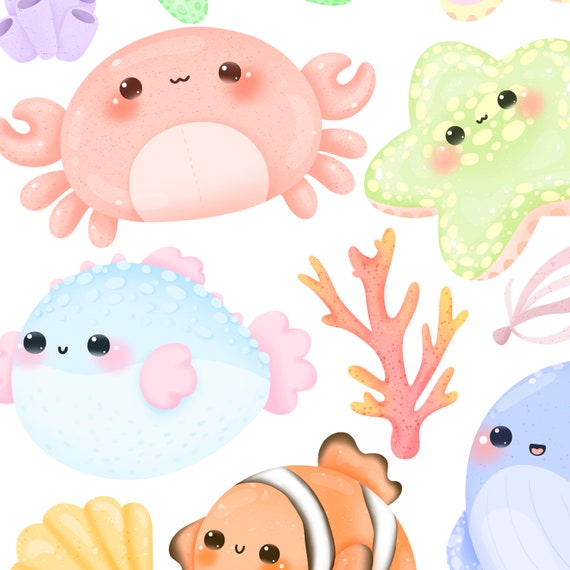 Cute kawaii Printable chibi sea animals clipart