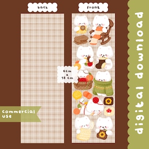 Cute kawaii Printable crochet knitting cat bookmark / commercial use, PNG