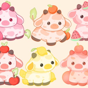 Cute kawaii clipart stampabile di mucche da frutta / uso commerciale / PNG