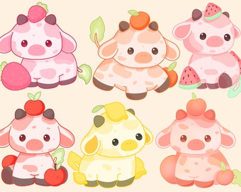 Cute kawaii Printable fruit cows clipart / commercial use/ PNG