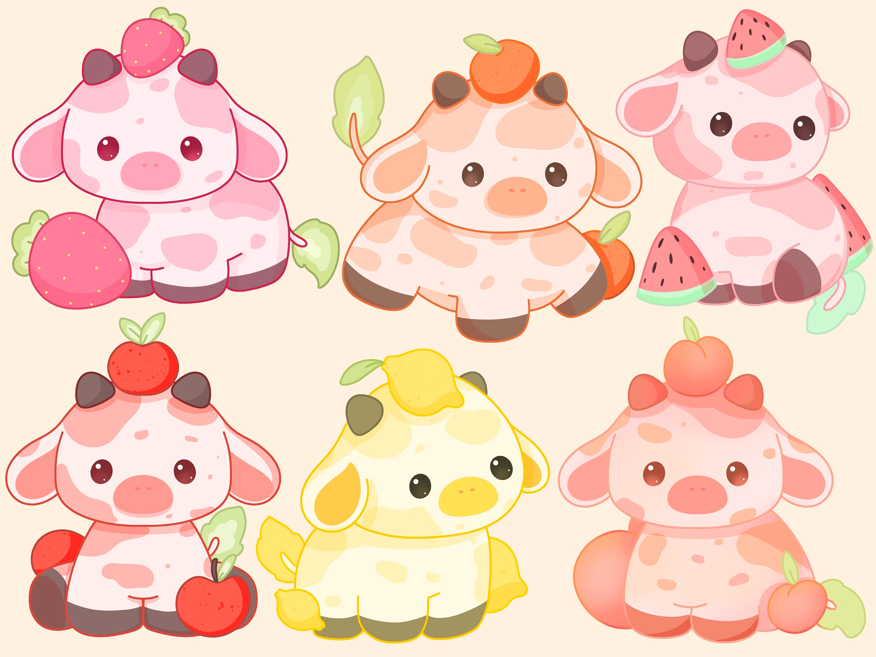 Cute Kawaii Printable Fruit Cows Clipart Commercial Use PNG Etsy 