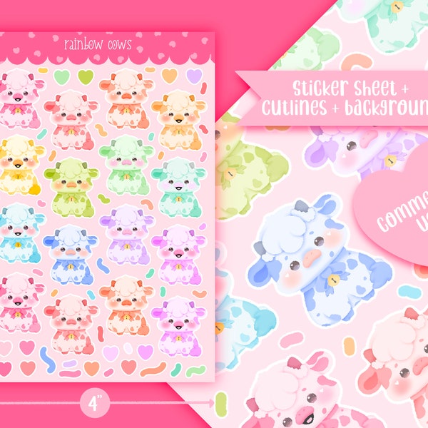 Cute Printable sticker sheet pastel cows sticker sheet / commercial use/ PNG