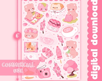 Cute Printable sticker sheet Sakura picnic bear sticker sheet / commercial use/ PNG