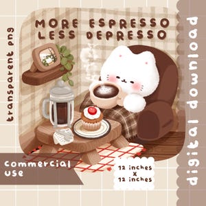 Puede incluir: Un gato blanco con un cupcake de cereza roja se sienta en un sillón marrón, sosteniendo una taza de café. El gato lleva una manta a cuadros. El texto "MORE ESPRESSO LESS DEPRESSO" está escrito sobre el gato. La imagen mide 30,5 cm por 30,5 cm.