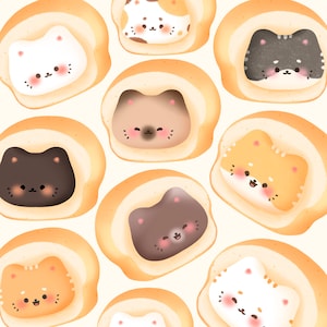 Könnte beinhalten: Eine Sammlung von neun illustrierten Katzenköpfen in Brotscheiben. Die Katzen sind alle in verschiedenen Farben und haben unterschiedliche Gesichtsausdrücke.