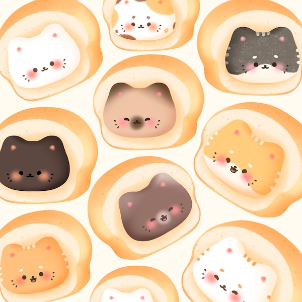 Cute kawaii Printable bread cats clipart / commercial use/ PNG