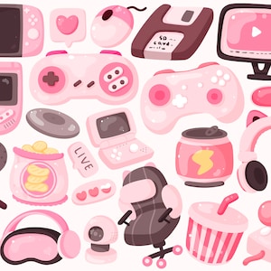 Cute kawaii Printable pink gaming clipart set / commercial use/ PNG