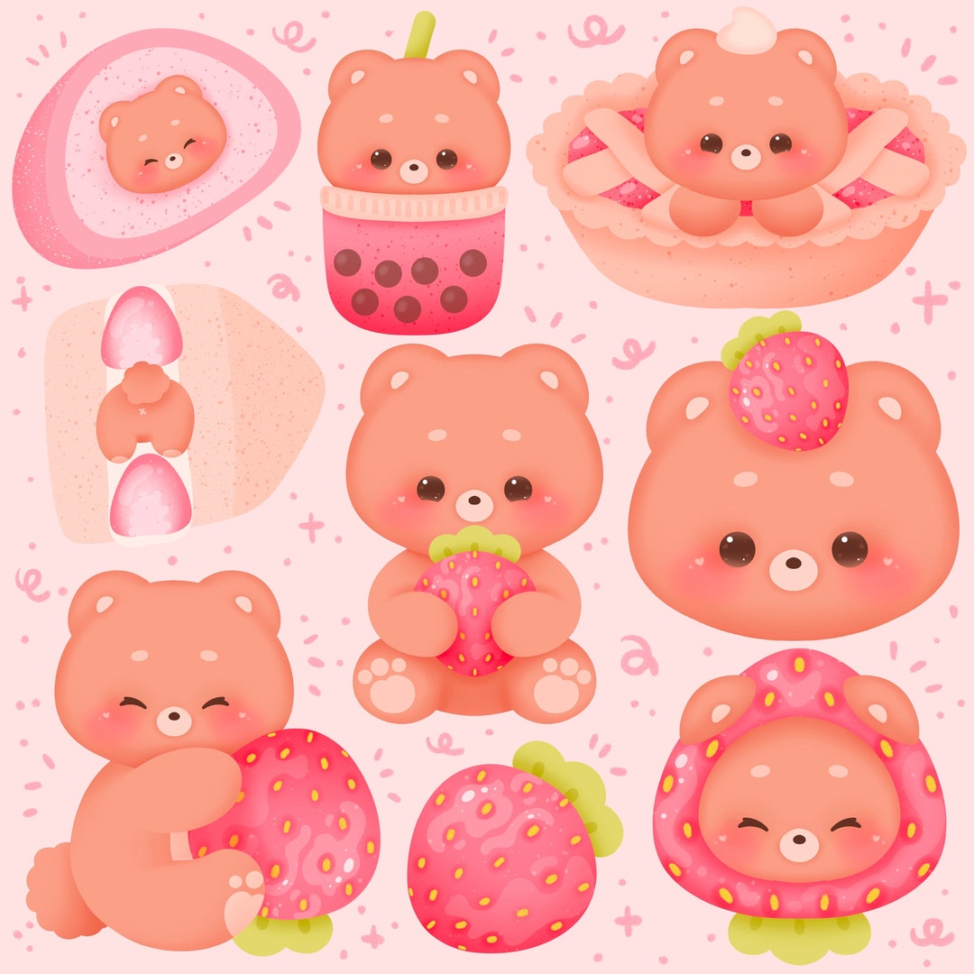 Cute Kawaii Printable Strawberry Bear Clipart / Commercial Use/ PNG Etsy