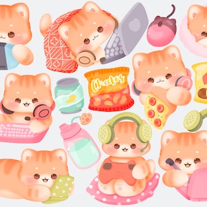 Cute kawaii Printable gamer kitty clipart set / commercial use/ PNG