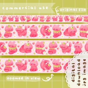 Leuke afdrukbare digitale aardbeikat washi tape / commercieel gebruik / jpg/naadloos