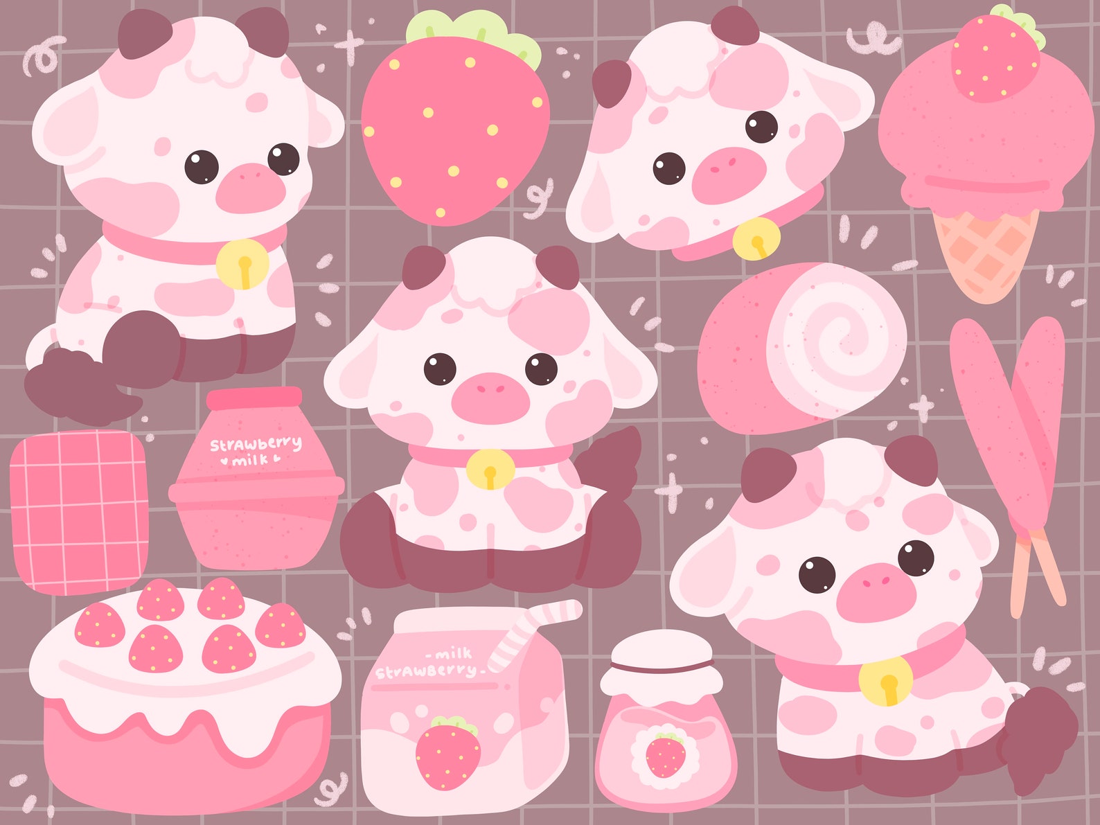 Cute Kawaii Printable Strawberry Cows Clipart / Commercial Use/ PNG - Etsy