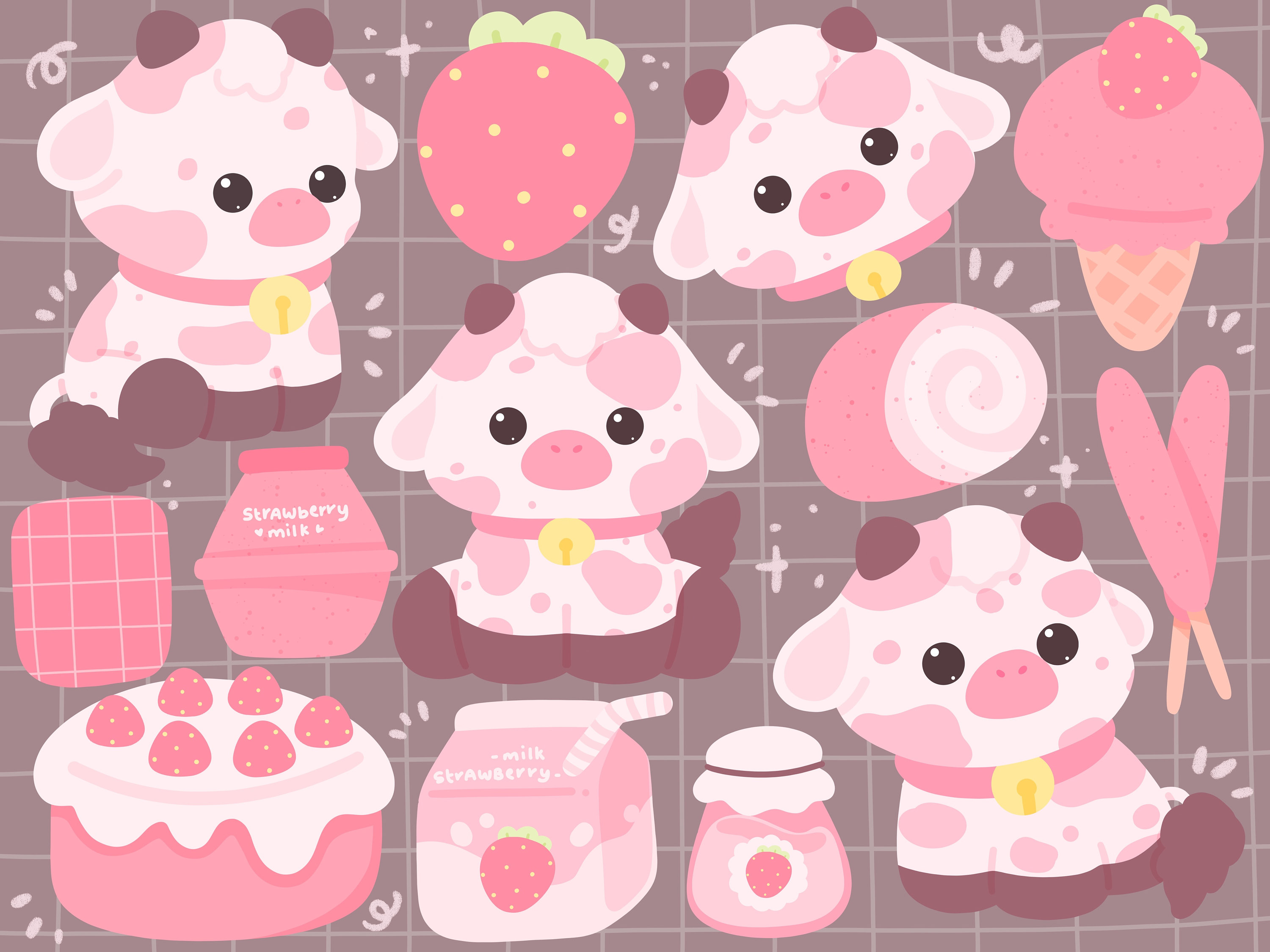 Cute Kawaii Printable Strawberry Cows Clipart / Commercial Use/ PNG 