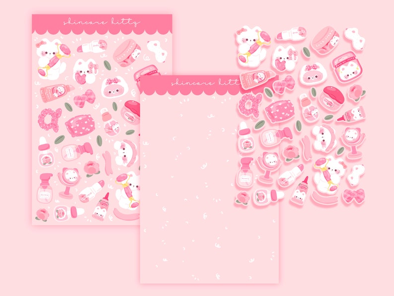 May include: Two pink sheets of paper with the text "skincare kitty" at the top. The left sheet is filled with pink and white stickers of a cat, a jar of cream, a bottle of lotion, a headband, a mirror, a peach, a bow, and leaves. The right sheet is blank.