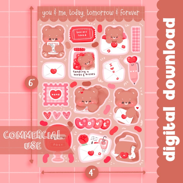 Cute Printable sticker sheet Loveletter bear sticker sheet / commercial use/ PNG