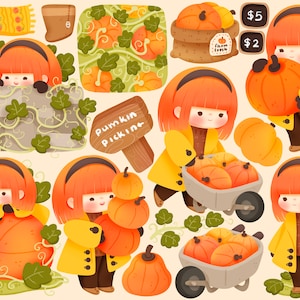 Cute kawaii Printable autumn pumpkin picking girl cozy clipart set / commercial use/ PNG