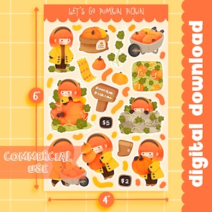 Cute kawaii Printable autumn pumpkin picking  sticker sheet / commercial use/ PNG