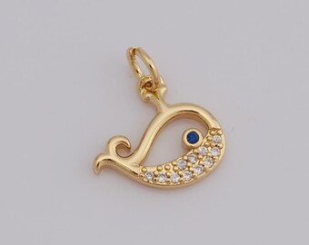 Micropave Zirconia Whale Pendant, 18K Gold Filled Ocean Charms, Fish Charms, DIY Jewelry Making Findings，15.5x13.3x1.8mm