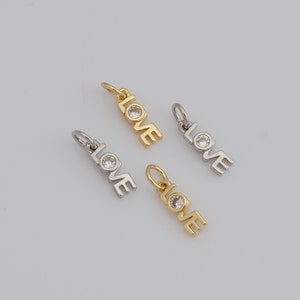 Pingente de amor de zircônia, pingentes de letras preenchidas com ouro 18K, descobertas de fabricação de joias faça você mesmo, 15x3,6x2 mm