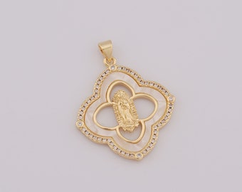 Micropave Zirconia Fritillary Gold Maagd Maria Hanger, 18K Gold Filled Flower Charms, DIY Sieraden Maken Bevindingen, 36x29x3mm