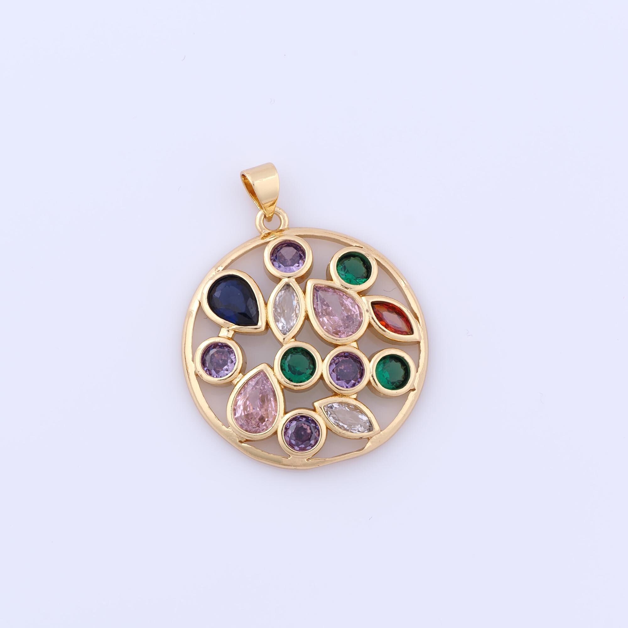 Micropave Zirconia Round Pendant, 18K Gold Filled Teardrop Charms, DIY Jewelry Making Findings，34.5x27.5x4mm