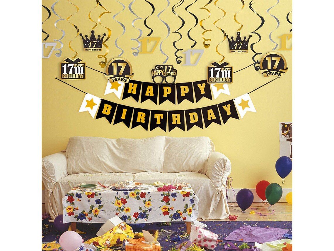 17 Birthday Decorations Set Happy 17th Birthday Party Swirls | Etsy