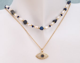 Collier de perles baroques, collier oeil de diable en zircone micro-pavée, collier double couche en or 18 carats, collier de perles, cadeau pour elle (46 cm)