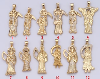 Micropave Zirkonia Gold Sensenmann Anhänger, 18K Gold Filled Santa Muerte Charms, Reaper Charms, DIY Schmuckherstellung