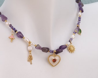 Collier de perles baroques, collier coeur en or 18 carats, collier tournesol, collier réglable, cadeau pour elle (46 cm)