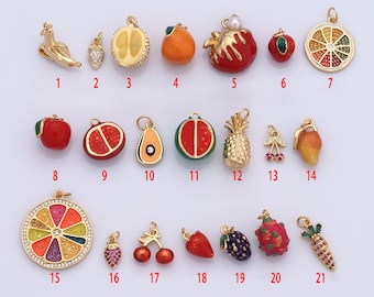 Micropave Zirconia Fruit Collection Pendant, 18K Gold Filled Enamel Charms, Fruit Charms, DIY Jewelry Making Findings