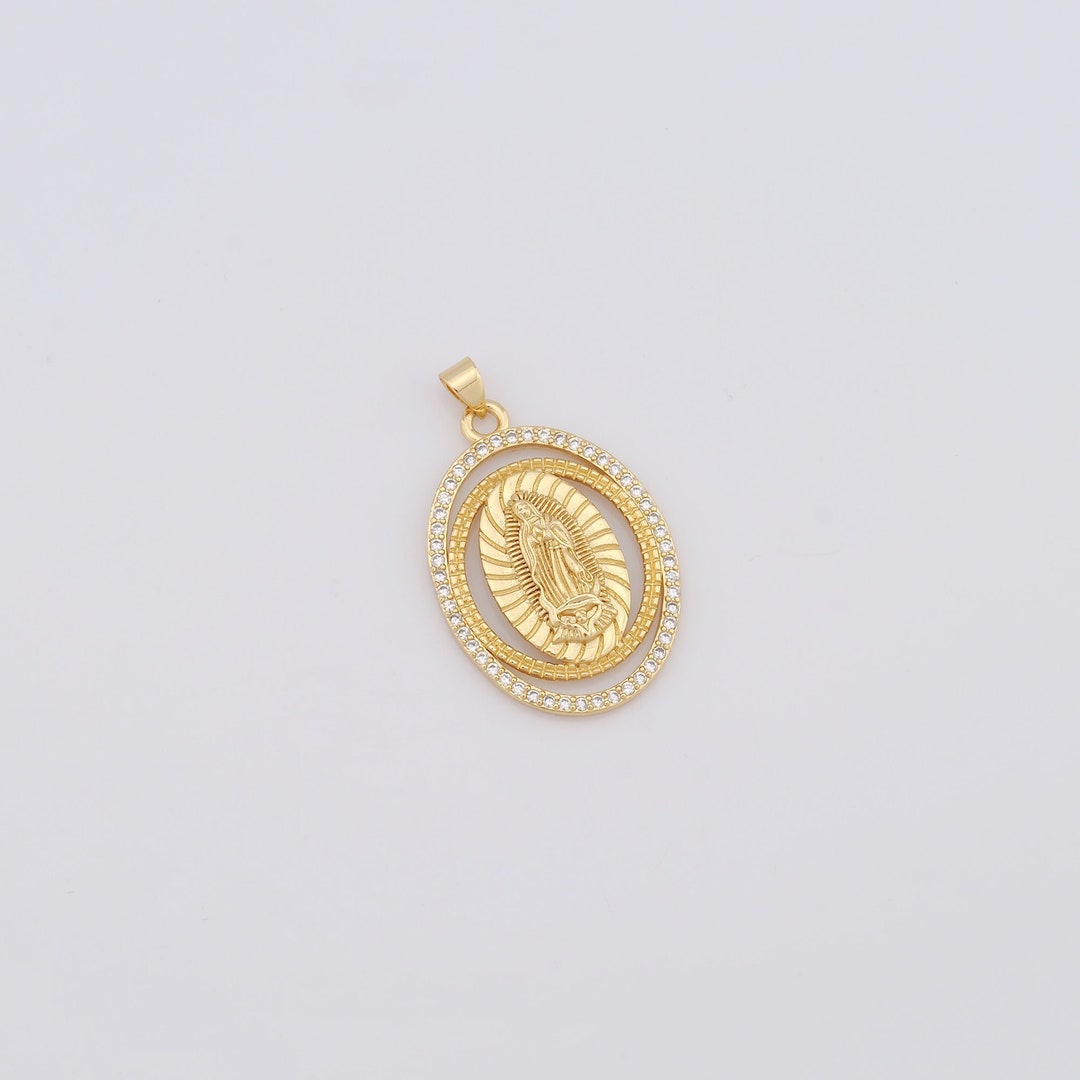 Gold Oval Pendant, 18K Gold Filled Virgin Mary Charms, CZ Religious ...