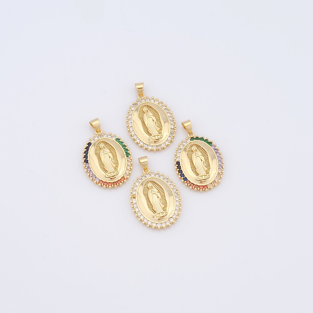 Gold Oval Pendant, 18K Gold Filled Virgin Mary Charms, CZ Religious ...
