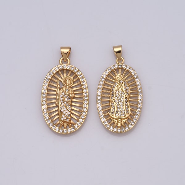 Micropave Zirconia Gold Virgin Mary Pendant,18K Gold Filled Saint Jude Charms,DIY Jewelry Making Findings,36x18x3mm