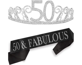 50th Birthday Gifts for Women, 50th Birthday Tiara and Sash, Happy 50th Birthday Party Supplies, 50 & Fabulous Sash and Crystal Tiara  Crown