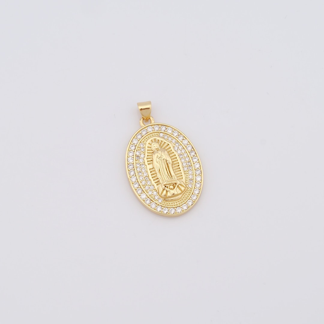 Gold Oval Pendant, 18K Gold Filled Virgin Mary Charms, CZ Religious ...