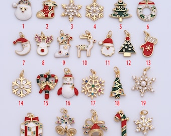 Micropave Zirconia Christmas Pendant, 18K Gold Filled Snowflake Charms, Santa Claus Charms, Elk Charms, DIY Jewelry Making Findings