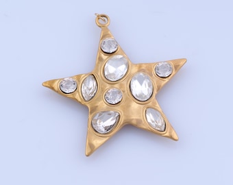 Micropave Zirconia Steel Star Pendant,Celestial Charms,Stainless Steel Starburst Charms, DIY Jewelry Making Findings,45x41x5mm
