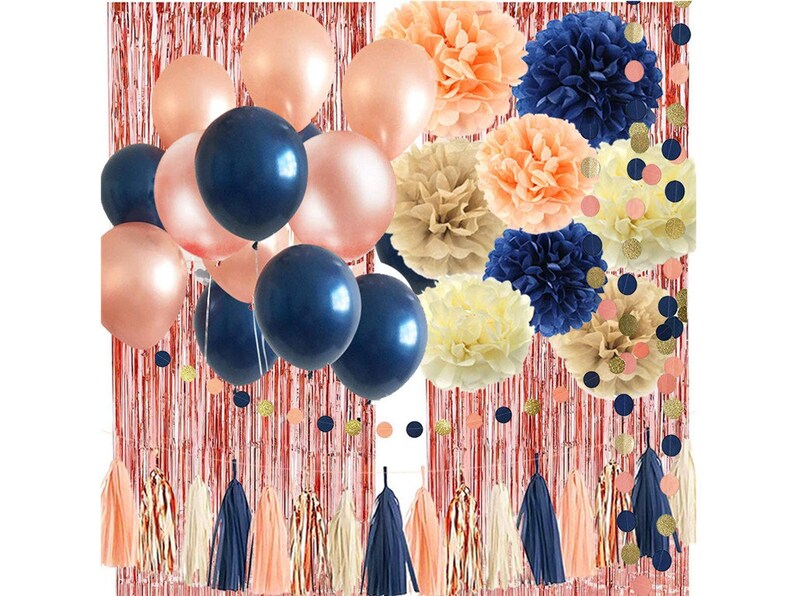 32 Pack Navy Blue Rose Gold Party Decoration Kit Navy Rose Etsy