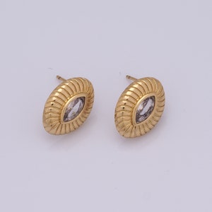 Zirconia Oval Stud Earrings, 18K Gold Filled Textured Earrings, Fashion Earrings, Gift for Her，15.5x11.5x3.2mm