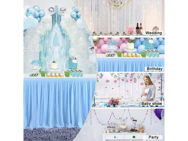 Baby Blue Table Skirt Tulle Table Skirting for Round or Rectangle Tables Dessert for Baby Shower Birthday Wedding Party Decorate