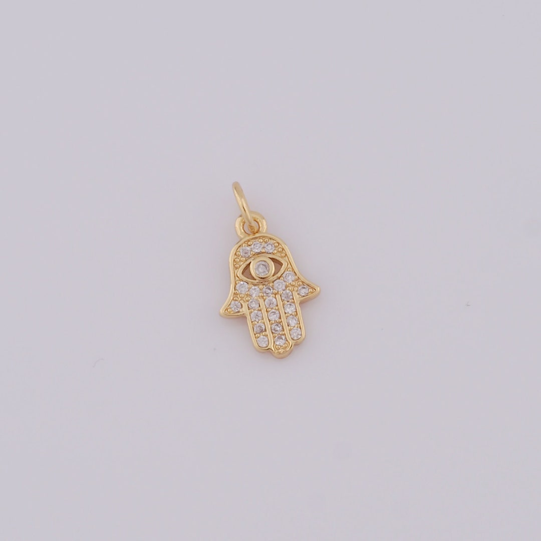 Gold Hamsa Pendant, 18K Gold Filled CZ Fatima Charms,evil