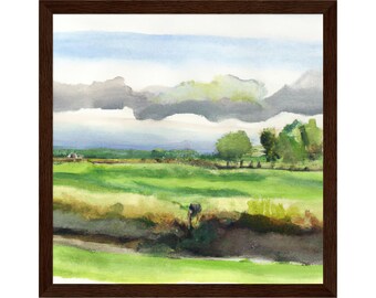 Summer meadow after the country rain Watercolor painting Art Print