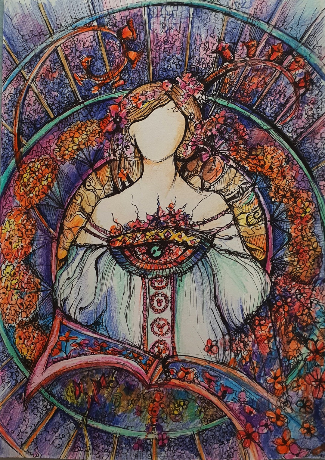 Super Colourful Crayon and Ink Drawing 'faceless Beauty Etsy