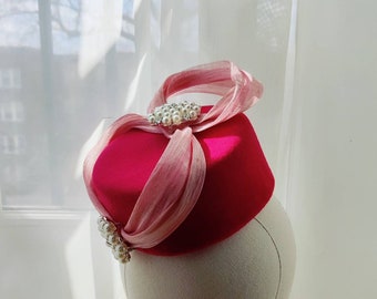 Pink Pillbox Hat with Pearl Accents and Jinsin Loop
