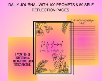 Può includere: Un diario giornaliero stampabile con 100 suggerimenti e 50 pagine di autoriflessione. La copertina presenta un design floreale su uno sfondo sfumato rosa e arancione. Il testo "Daily Journal" è scritto in corsivo nero. Il testo "I vow to be intentional, thoughtful, and introspective" è scritto in carattere sans-serif nero su uno sfondo sfumato giallo e arancione.