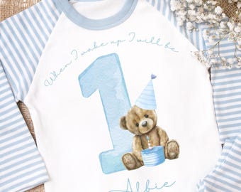 Boys personalised 1st birthday pyjamas, Teddy birthday theme,  Blue pyjamas, when I wake up I'll be.., boys birthday pyjamas, beary first