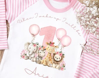 Girls First Birthday Pyjamas, pink safari Birthday PJs, First Birthday Outfit, Girls personalised birthday pyjamas,  when I wake up pjs