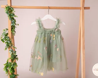 Girls first birthday outfit, Cake smash outfit, girls first birthday dress, first birthday decor, sage dress, fairy first birthday dress