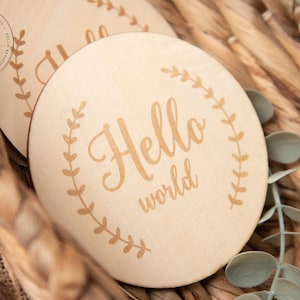 Hello world Disc, Baby shower gift, Photo prop plaque, baby announcement disc, birth announcement disc, wooden discs